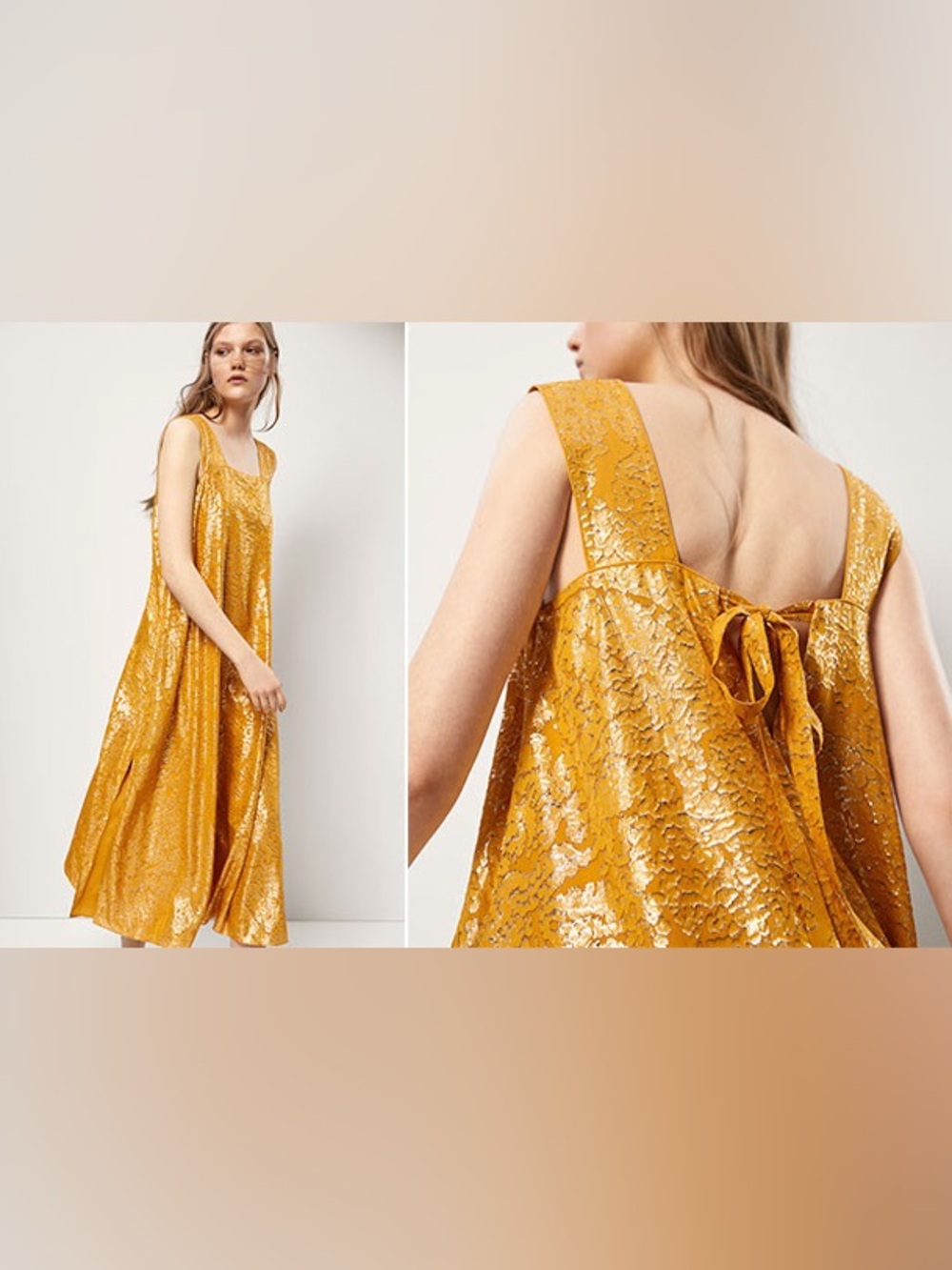 Massimo Dutti Metallic Gold Brocade Midi Dress Wide Strap Party Dress Shimmer